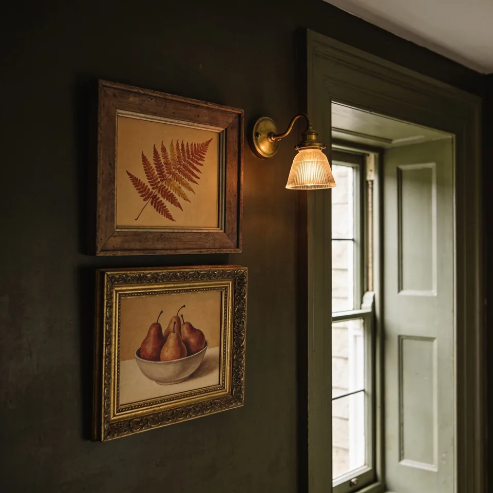 Two amber botanical prints — a rust-red autumn fern and russet pears in a plain bowl — in mismatched oak and gilt frames hung a hand's width apart on a deep green wall beside the doorframe, lit by a small brass wall lamp