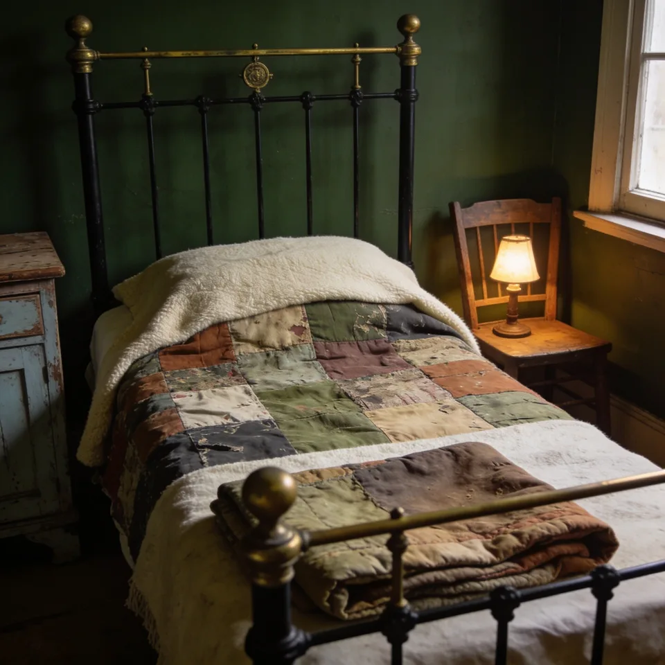 A black iron bed made up with a faded patchwork quilt and a cream wool blanket, a second worn quilt folded at the foot, deep green wall behind, a small lit lamp on a wooden chair beside the bed