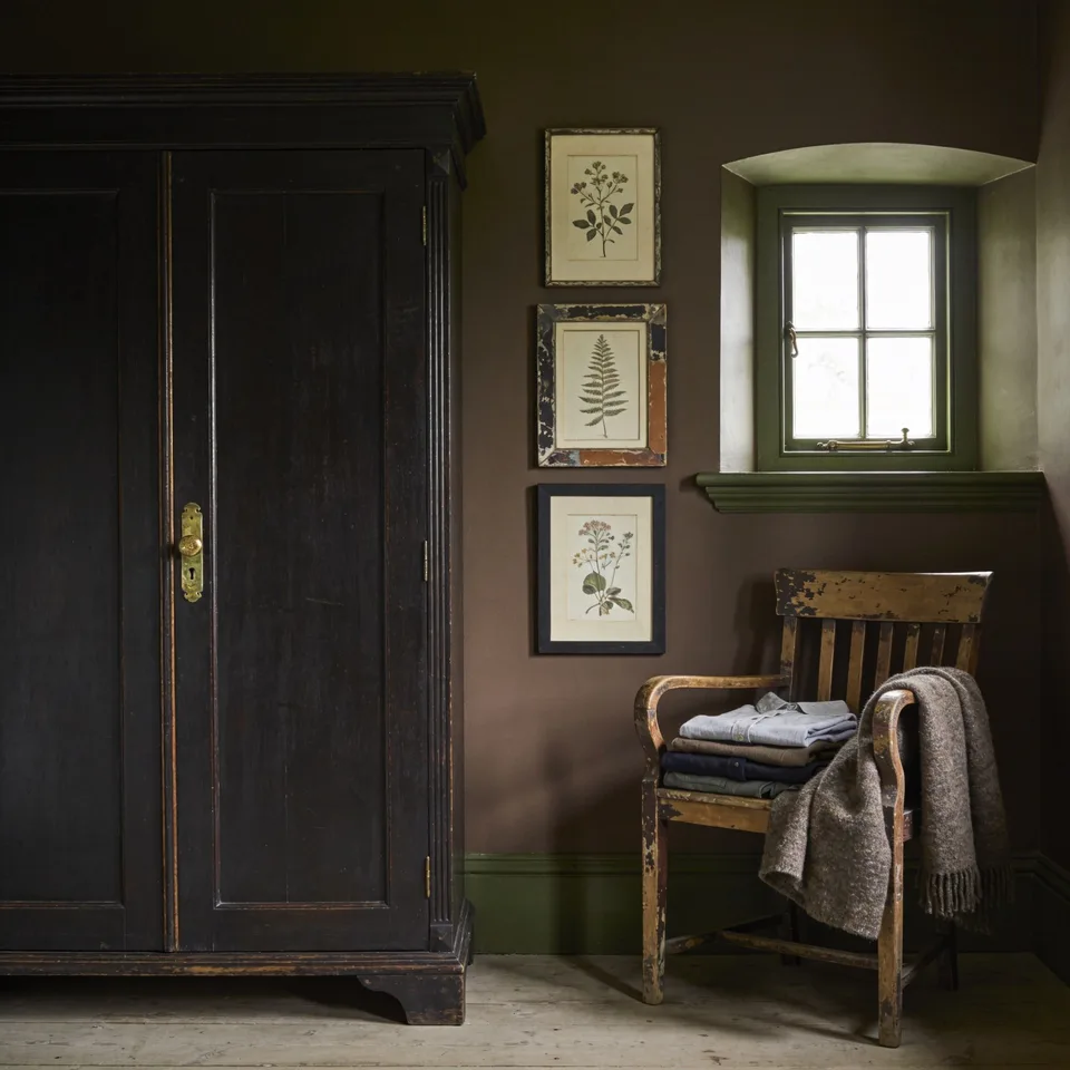 A tall dark wooden wardrobe beside a small deep-set window, three botanical prints in mismatched frames on an umber wall, a worn wooden chair holding folded clothes and a wool throw