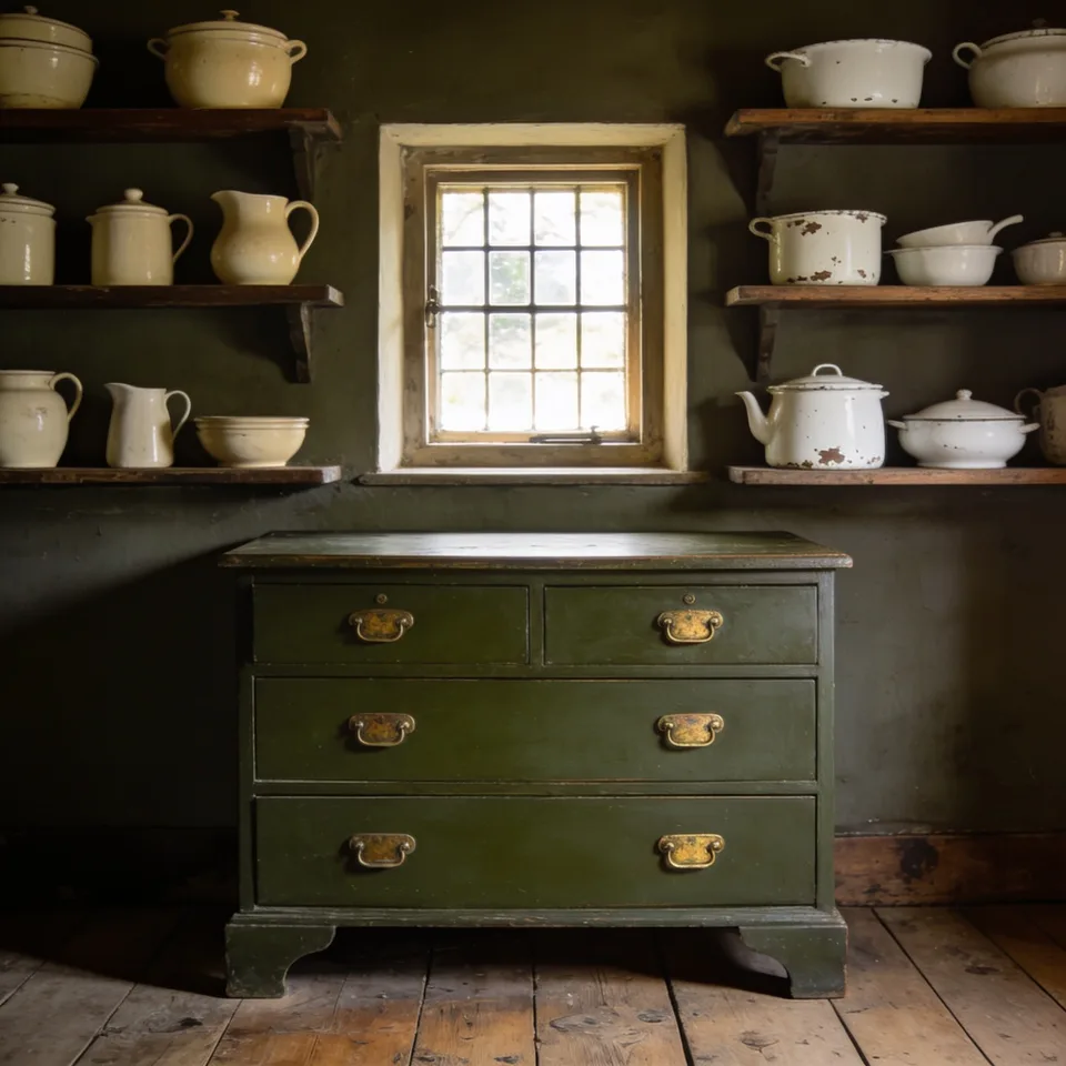 Freestanding chest painted deep olive below open wooden shelves of mismatched cream stoneware and chipped white enamelware, on aged pine boards by a small deep-set window