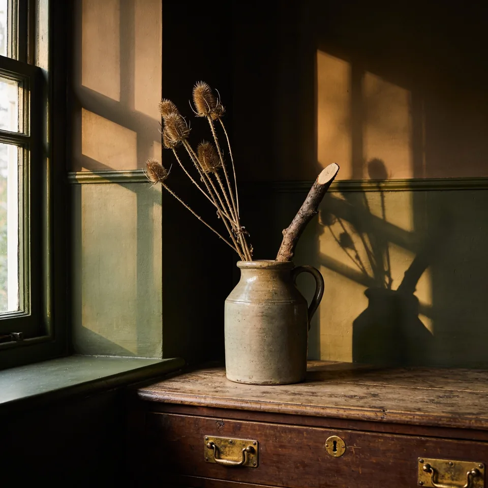 Stoneware jug of dried teasel heads and a cut branch on an old chest by the window, low amber late-afternoon light throwing long shadows up the umber wall