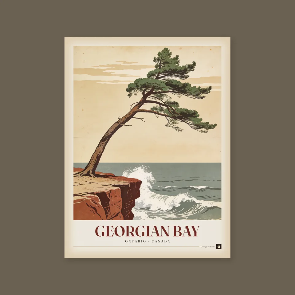 A vintage travel poster titled Georgian Bay, Ontario, Canada: a single wind-bent pine leaning out from a red rock ledge over a grey-green bay, with a wave breaking white against the rock below and pale cream clouds in the sky