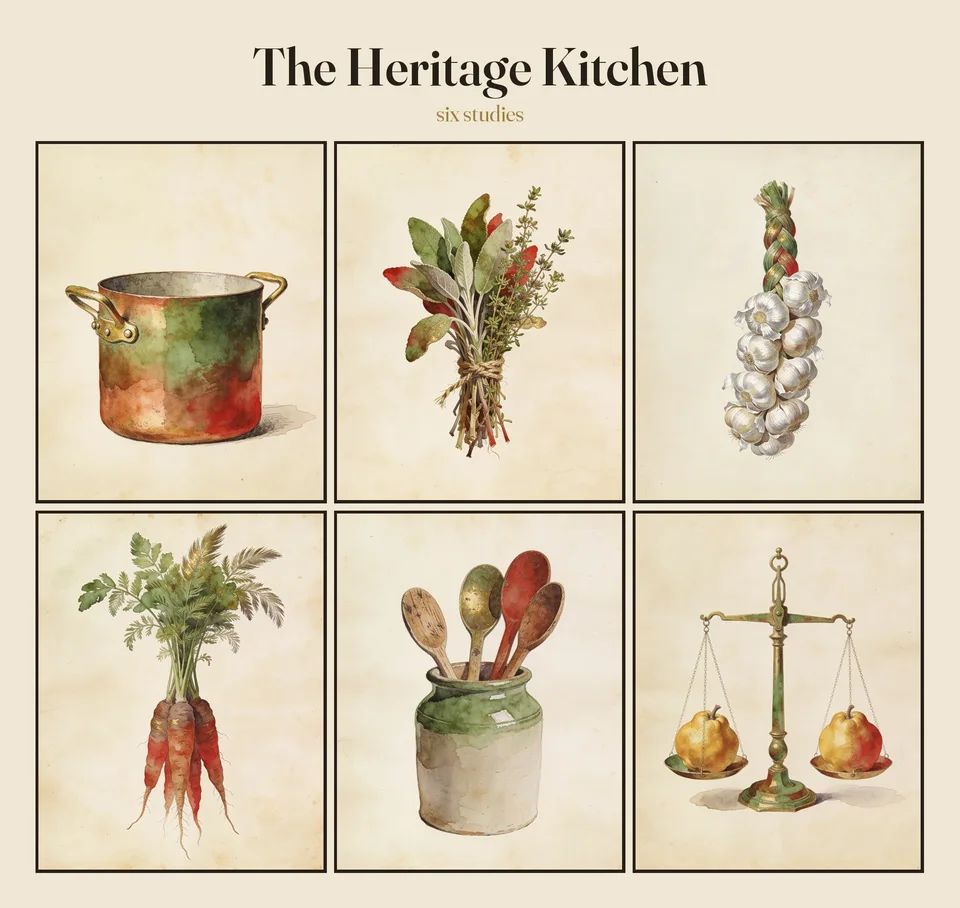 All six kitchen studies laid out together under the heading The Heritage Kitchen: a copper stock pot with brass handles, a tied bundle of sage and thyme, a braided plait of garlic, heirloom carrots pulled with their tops still on, a stoneware crock of wooden spoons, and a brass balance weighing two quinces, each painted in watercolour on aged cream paper