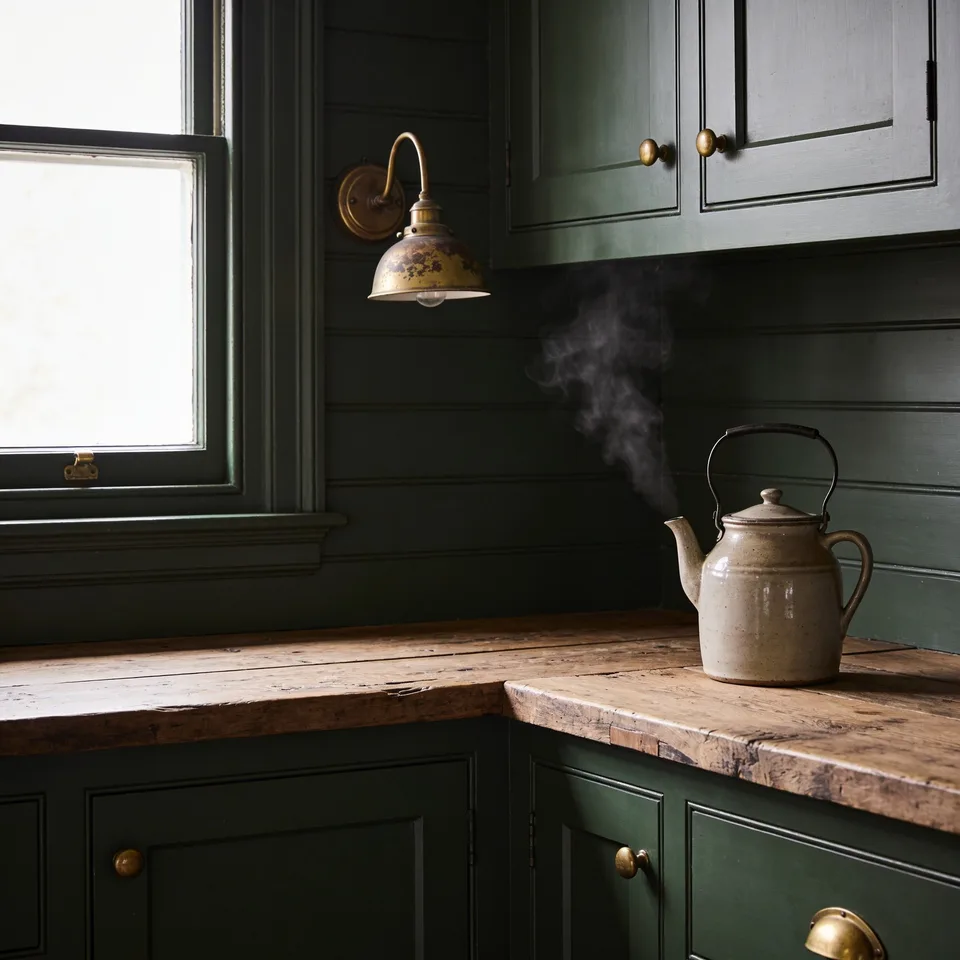 Deep moss-green painted kitchen cabinets under a small brass wall lamp, a stoneware kettle steaming on the aged oak worktop in soft window light
