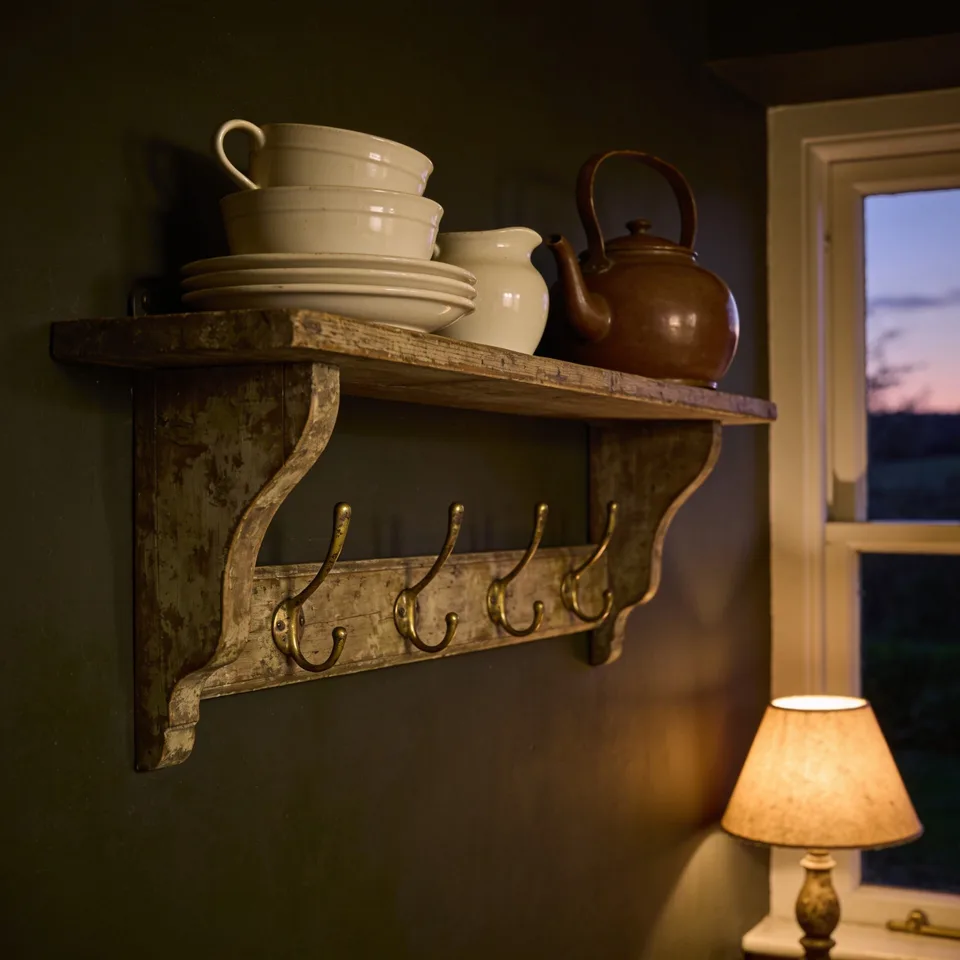Open aged-oak shelf against a deep wall, holding stacked cream stoneware and a brown teapot, with worn brass hooks beneath in warm evening lamplight