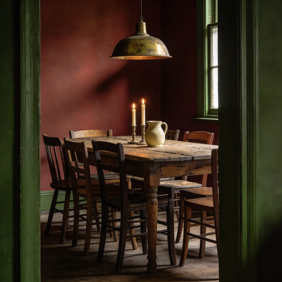 Mismatched wooden chairs drawn up to a worn oak table under one low brass pendant, lit candles and cream stoneware on the wood, deep red-brown walls dissolving into shadow