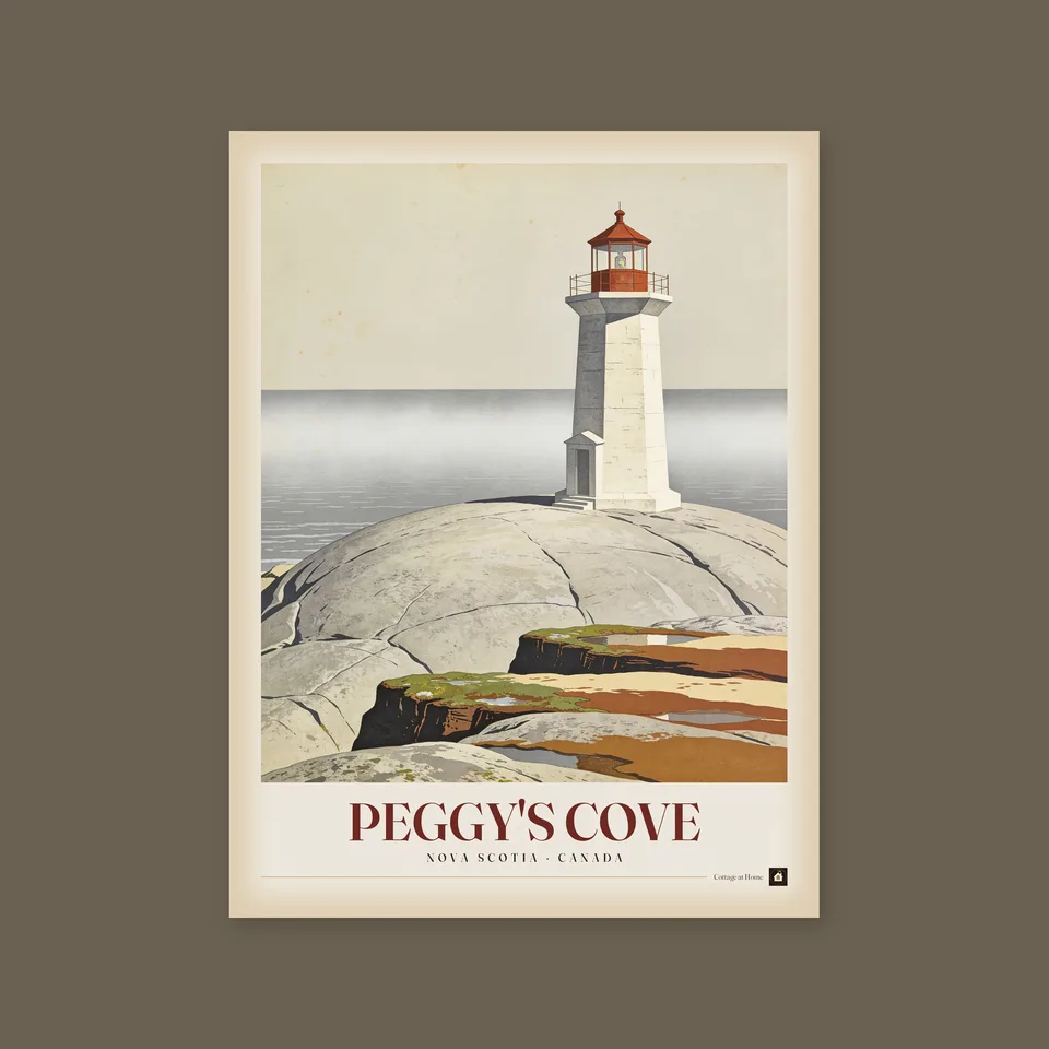 A vintage travel poster titled Peggy's Cove, Nova Scotia, Canada: a white octagonal lighthouse with a red lantern room standing on rounded grey granite, a pale band of mist lying over the sea behind it, and rust and moss coloured ledges in the foreground