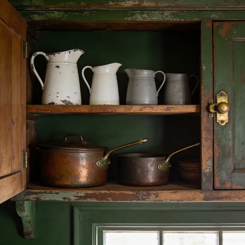 Open green cupboard shelves holding chipped white and gray enamel pitchers, with worn copper pots on the shelf below